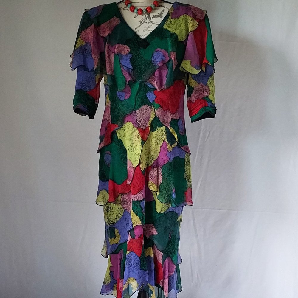 Vintage Holly Harp Chiffon Ruffle Midi Dress Shoulder Pad Multi-color Chest 36"